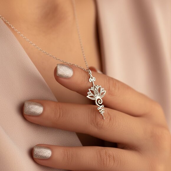Lotus Flower Unalome Pendant Necklace Silver Tone NWOT - Picture 4 of 7